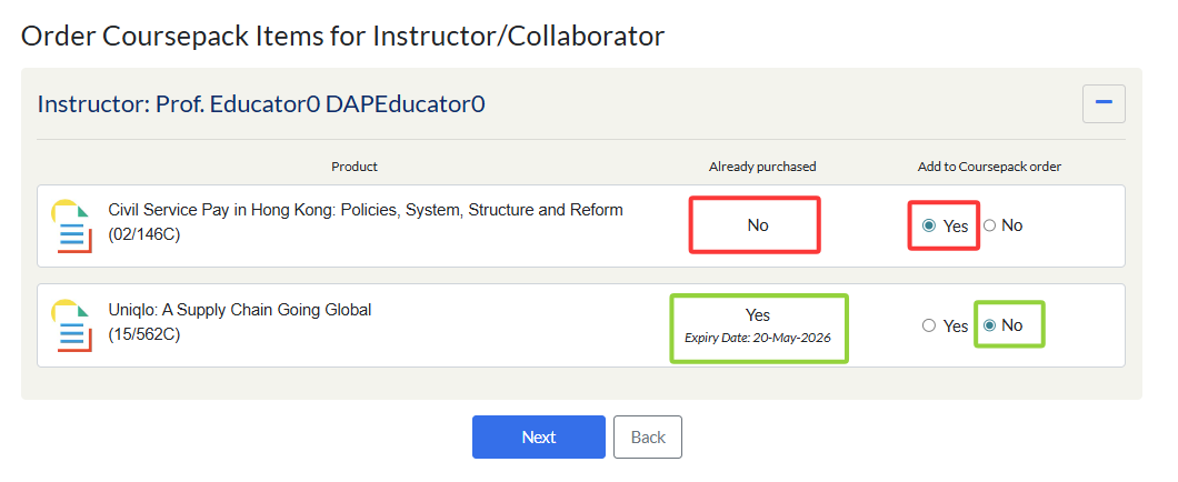 preselect based on the ownership of the item